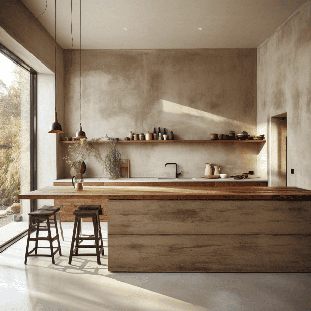 Mur de cuisine style rustique en béton ciré beige